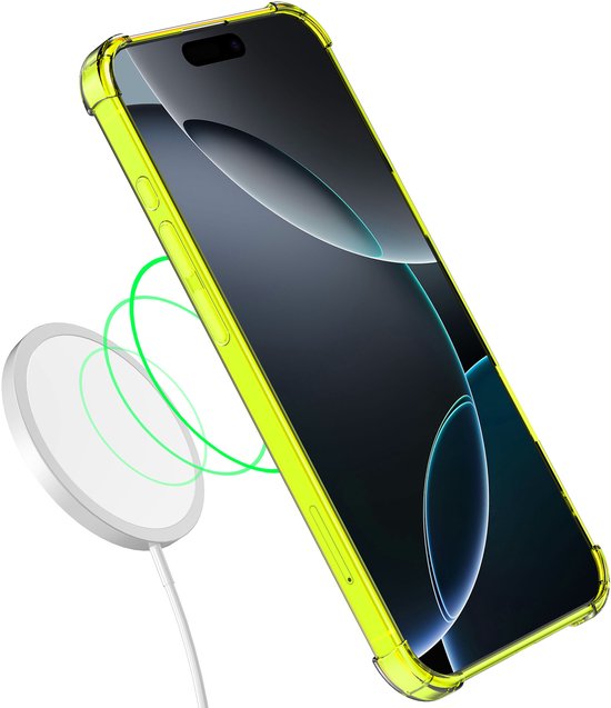 Neon gele telefoonhoesje voor iPhone 16 Pro Max, met MagSafe lader.