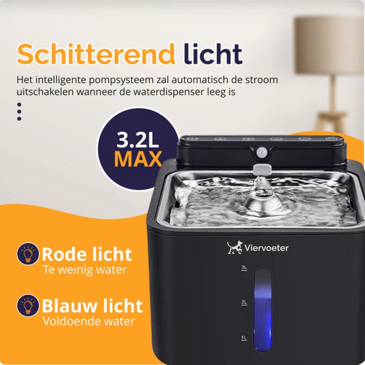 Viervoeter® Draadloze Drinkfontein RVS - Sensor Waterfontein voor Kat en Hond - Inclusief 3 filters - 3,2L - 30d batterijduur - Fluisterstil thumbnail 3