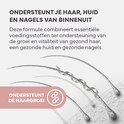 Illustratie van haarzakjes en iconen van capsules. Tekst: Ondersteunt je haar, huid en nagels van binnenuit. Ondersteunt de haargroei.