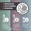 3-stappen aanpak: 1 Reinigen (shampoo), 2 Activeren (spray), 3 Voeden (capsules). Goed voor haar, huid en nagels.