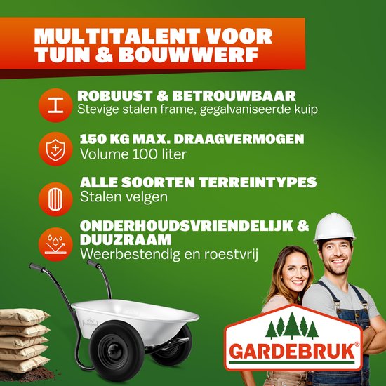 Gardebruk Kruiwagen - met 2 Luchtbanden & 100L Kuip - Stalen Velgen van Gardebruk — afbeelding 2