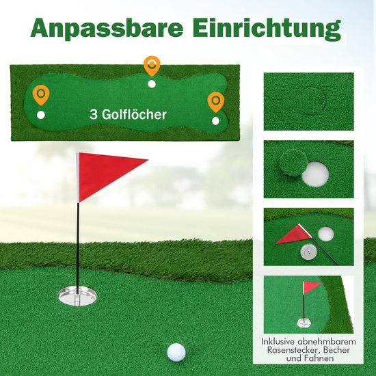 COSTWAY Golfmat met kunstgras, 300 x 100 cm, 2 ballen, 3 gaten, 3 vlaggen en putting cups, oefenmat opvouwbaar voor binnen en buiten, putting green golf, trainingsmat voor thuis van Costway — afbeelding 2