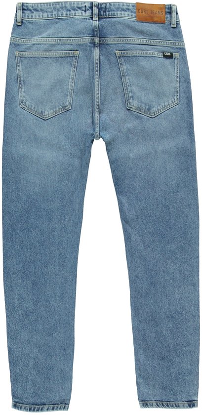 Vue arrière d'un jean en denim bleu coupe droite et délavage léger. Avec étiquette 'Cars Jeans'.