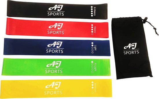 AJ-Sports Latex Weerstandsbanden - Booty band - Fitness elastiek - Fitness band - Set van 5 weerstandsbanden - Resistance band - Fitness - Inclusief draagtas