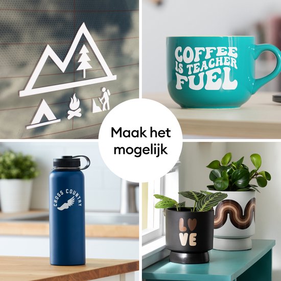 Collage van afbeeldingen met vinylstickers: op een raam, op een mok, op een fles en op plantenbakken.