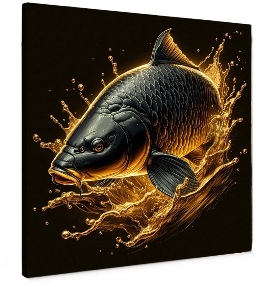 Canvas schilderij - Carp in Golden Water - 50x50 cm - karpervissen - karper - Karpervisser - Wanddecoratie accessoires - Kamer interieur natuur