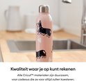 Roze waterfles met corgi-illustraties en hartjes, met zilverkleurige dop.