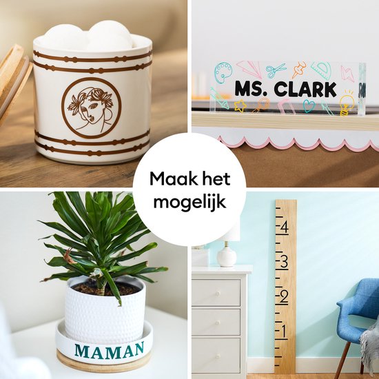 Collage van vier creatieve projecten: pot met gestileerde dame, acrylblok met schoolspullen en naam, plantenpot met tekst 'MAMAN', en houten lengtemaat.