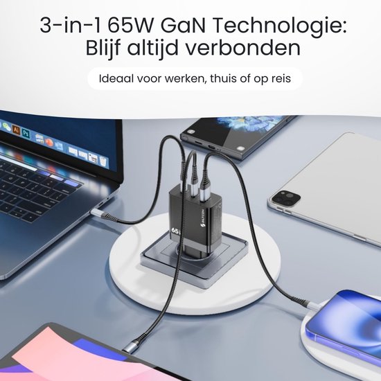 Siltcon® 3-in-1 Snellader USB-C 65W - USB C Adapter - Oplader USB-C - 2x USB-C PD 65W - 1x USB-A PD 22.5W - GaN Technologie - Universeel o.a. Telefoons, Laptops - Extra Compact