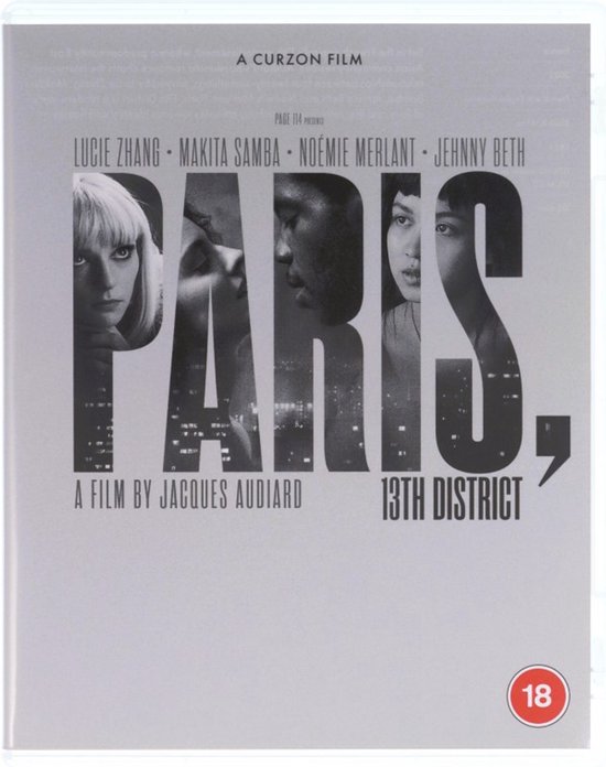 Poster voor de film 'Paris, 13th District' met de titel in grote letters en vier portretten van de acteurs.