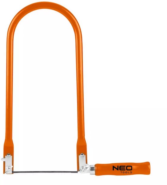 Oranje figuurzaag met houten handvat met NEO TOOLS logo, metalen frame.