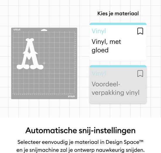 Grijze snijmat met een witte letter 'A' erop, naast twee opties voor Cricut vinyl.