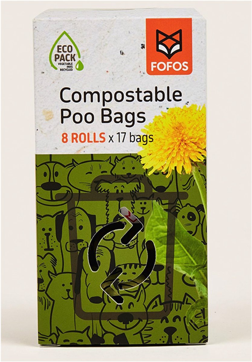 FOFOS biologisch afbreekbare poepzakjes - 8 rolletjes met 17 zakjes/rolletje - eco-pack