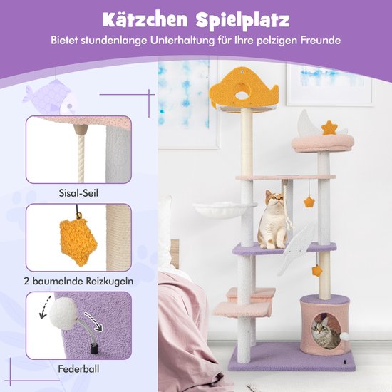 COSTWAY krabpaal, kattenboom met kattenhol & ladder & hangmat & speelgoed, schattige krabpaal voor katten, kattenmeubels, klimboombom activiteitboom speelboom, Paars Roze (59x49x158cm