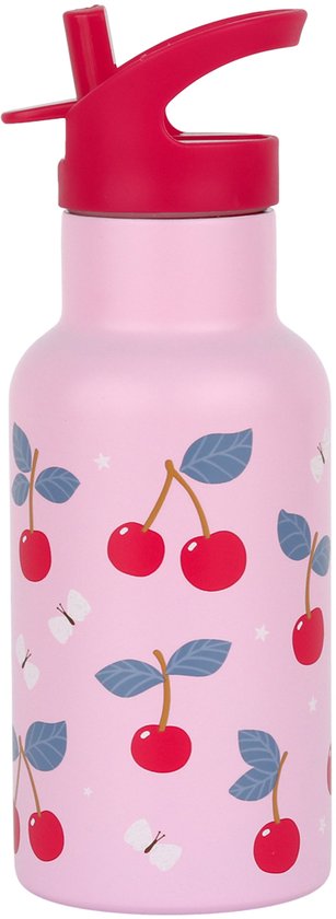Gourde rose clair avec un imprimé cerises et une paille rouge.