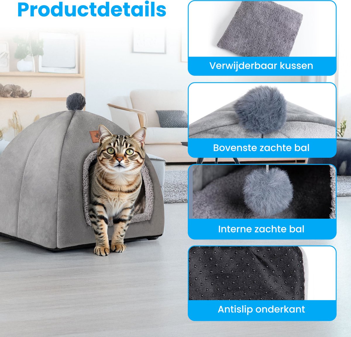 NovaWare Kattenmand - 2-in-1 Kattenbed - Kattenhuis - Poezenmand - Dierenmand - 40.5x40.5x40.5 cm – foto 5