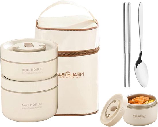 kyaoayo Draagbare geïsoleerde lunchbox, roestvrijstalen lunchbox, magnetronbestendig, met lunchtas, stapelbare lekvrije thermische lunchbox, voor kinderen en volwassenen (2 lagen