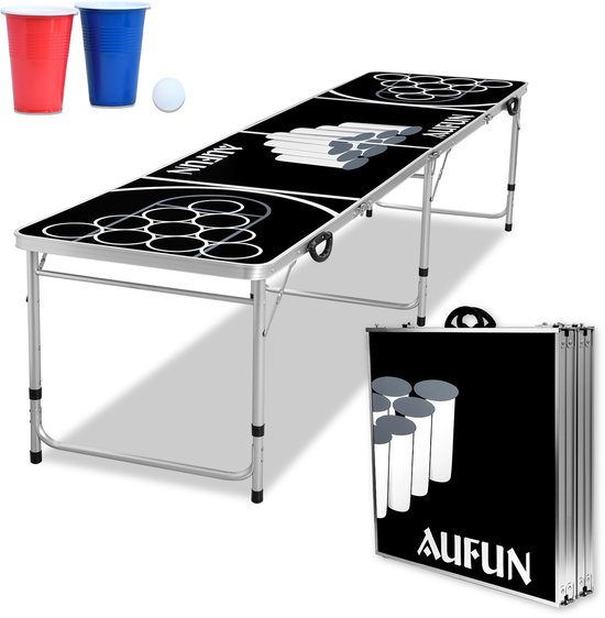 Beer Pong tafelset incl. 100 bekers 50 rood en 50 blauw, 5 ballen, premium in hoogte verstelbare bierpongtafel van aluminium en MDF, klassiek partyspel, zwart