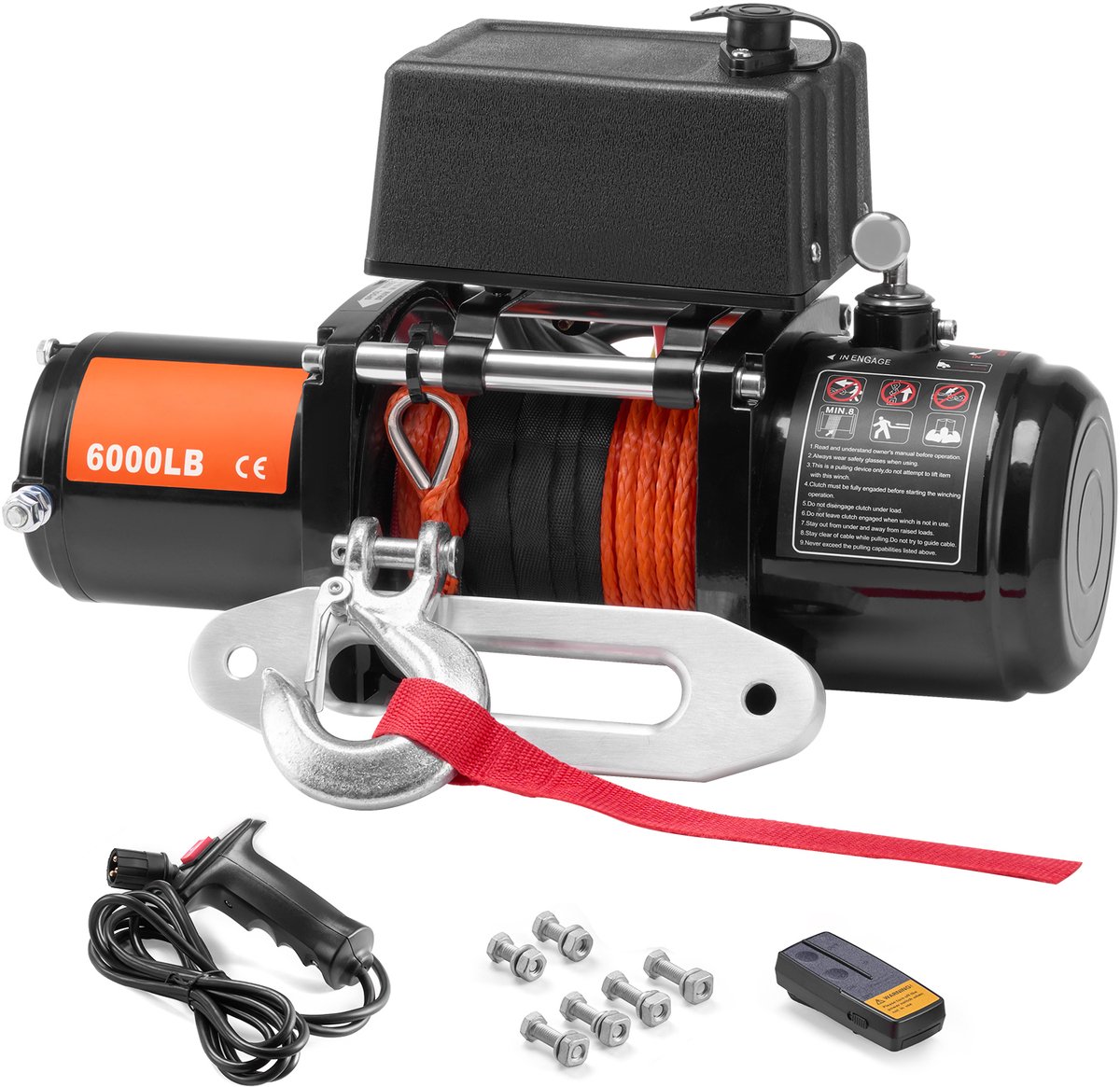 Elektrische Lier met een capaciteit van 6000 lb en 12 V DC trucklier. Hij wordt geleverd met een Φ1/4 inch x 55 voet lange kabelgeleider