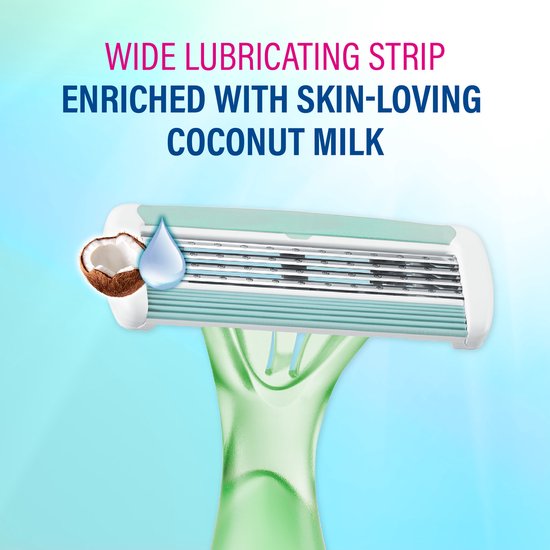 Close-up van een scheermes met 3 mesjes, kokosnoot en waterdruppel. "WIDE LUBRICATING STRIP ENRICHED WITH SKIN-LOVING COCONUT MILK".