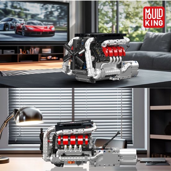 Gedetailleerde V8 motor van LEGO Technic in een woonkamer en op een bureau, naast een tv met raceauto's.