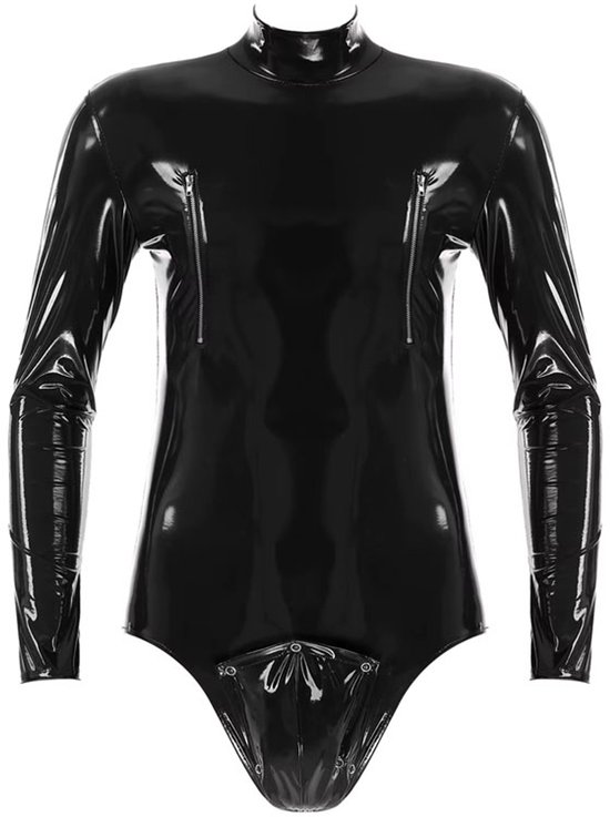 Body Lingerie Homme Cuir Verni - Clubwear - Fermeture Éclair - Catsuit - Zwart