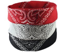 Fako Fashion® - Lot de 3 bandanas à motif cachemire - Mouchoir de ferme - Bandeau - Motif cachemire Classic - Zwart, Wit et rouge