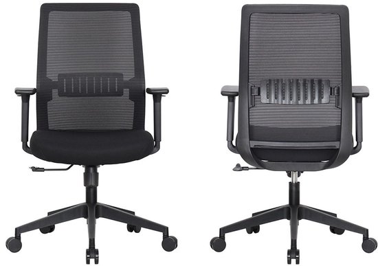 Zwarte bureaustoel, van voren en van achteren, met rugleuning van gaas.