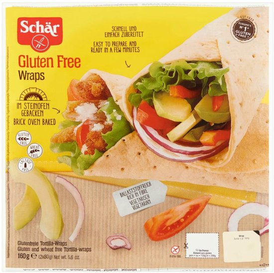 Gluten Free Wraps verpakking met een gevulde wrap, met ingrediënten zoals sla, tomaat en ui.