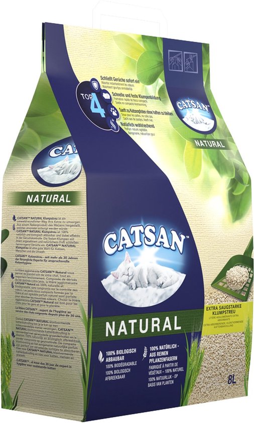 Catsan Natural kattenbakvulling zak met witte kat op wolk, tarwe, groene bladeren en schep.