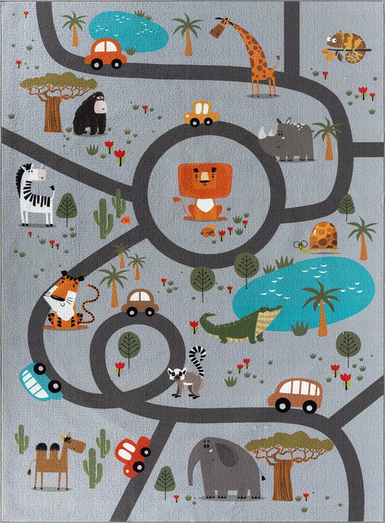 the carpet Happy Life Kinderkamer, kindertapijt, speeltapijt, wasbaar, dieren, jungle, auto, grijs met safari motief 120 x 160 cm van Paco Home — afbeelding 2