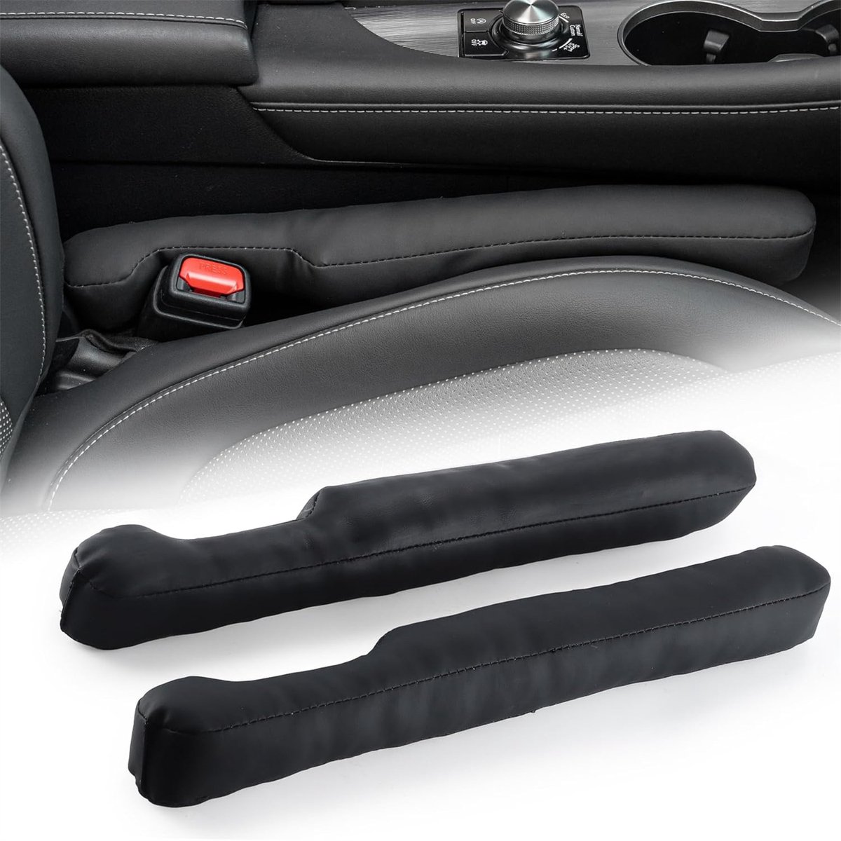 Image of 2 stuks leren opbergzakken voor het opvullen van de ruimte tussen autostoelen, accessoires voor auto-interieurs, voorkomt dat voorwerpen vallen, geschikt voor auto's, SUV's, vrachtwagens en campers, vult de ruimte tussen stoelen en consoles - zwart