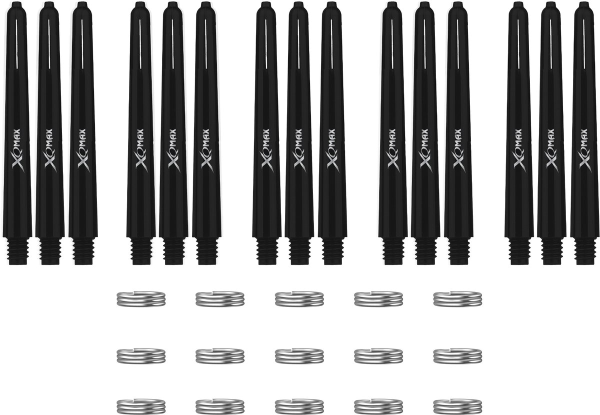 XQMax Dart Shafts - 5 Sets (15 stuks) - Medium - Zwart - Plus Veerringetjes - Darts Shafts
