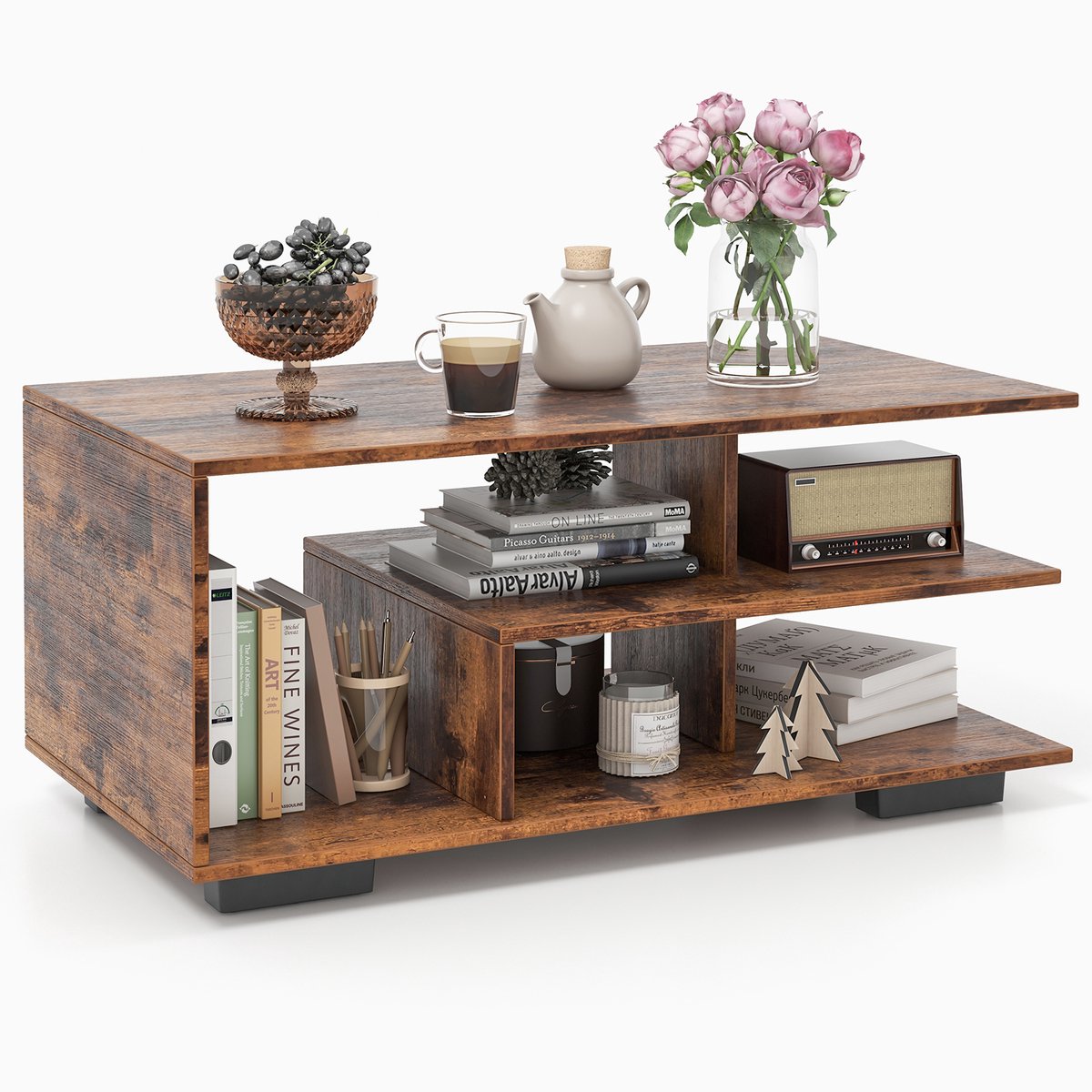 Costway Salontafel met opbergruimte, rechthoekige woonkamertafel retro met L-vormige middenplank, 3-traps geometrische salontafel voor woonkamer, ontvangstruimte, 90 x 50 x 42 cm (rustiek bruin)