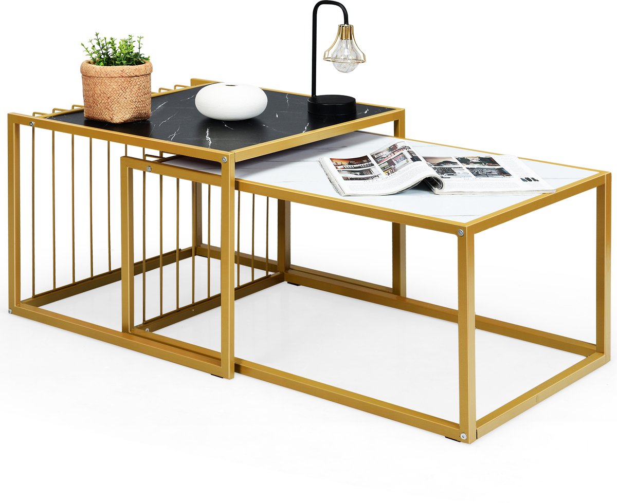 Costway Moderne nesttafels set van 2, stapelbare salontafels bijzettafel set, waterdicht gemarmerde tafelblad, gemakkelijke montage, vrije combinatie, industrieel ontwerp, ideaal voor kleine ruimten Zwart