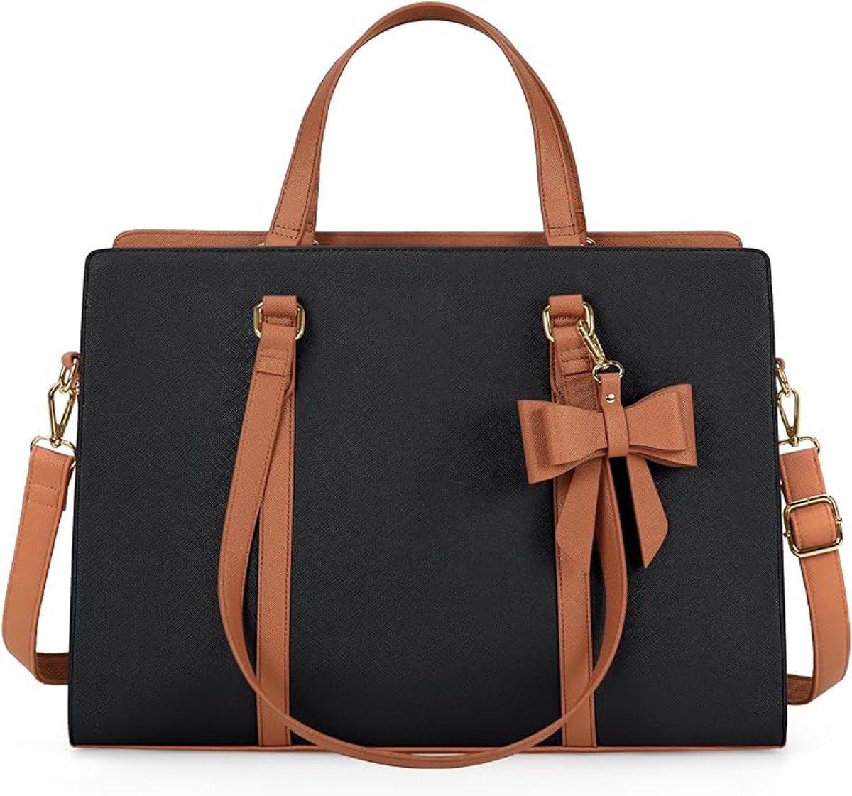 Famanu - Dameshandtas voor de universiteit, PU-synthetisch materiaal draagtas, grote werktas, tas voor laptop van 15,6 inch, schoudertas, zwart en bruin