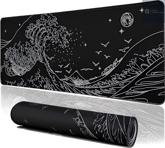 Tapis de souris de bureau XXL - Design vagues noires - Antidérapant - Convient pour les Gaming et le travail - 80x30 cm