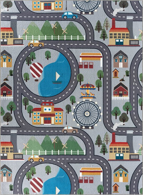 the carpet Happy Life - Speelkleed, kindertapijt met stadsprint, wasbaar en antislip, grijs met stadsprint, 80 x 150 cm van The Carpet — afbeelding 2