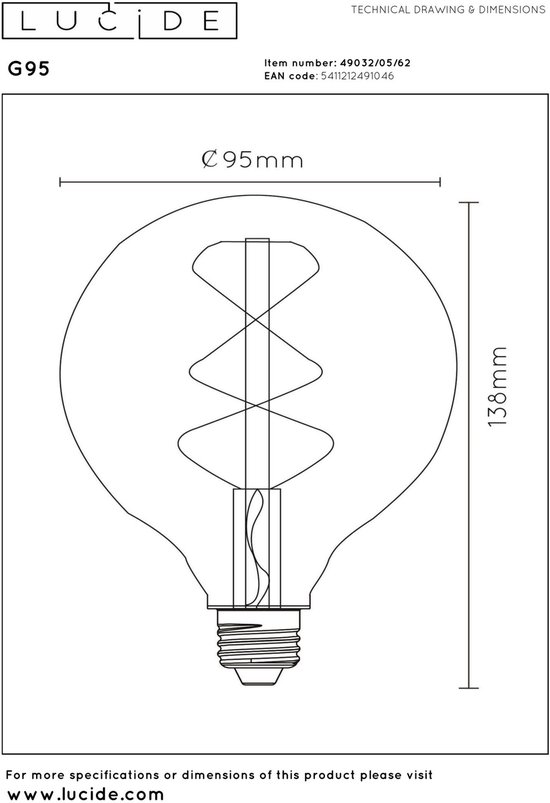 Dessin technique d'une lampe Lucide G95 avec dimensions Ø 95mm et 138mm.
