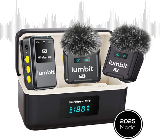 Foto: Lumbit pulse pro draadloze microfoon lavalier microfoon dasspeld microfoon met oplaadcase microphone podcast usb c lightning aux 48khz 120m bereik plug play 2 stuks incl windkapjes