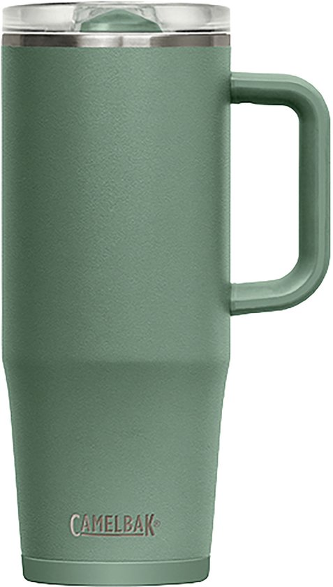 Groene Camelbak thermobeker met handvat en transparant deksel.
