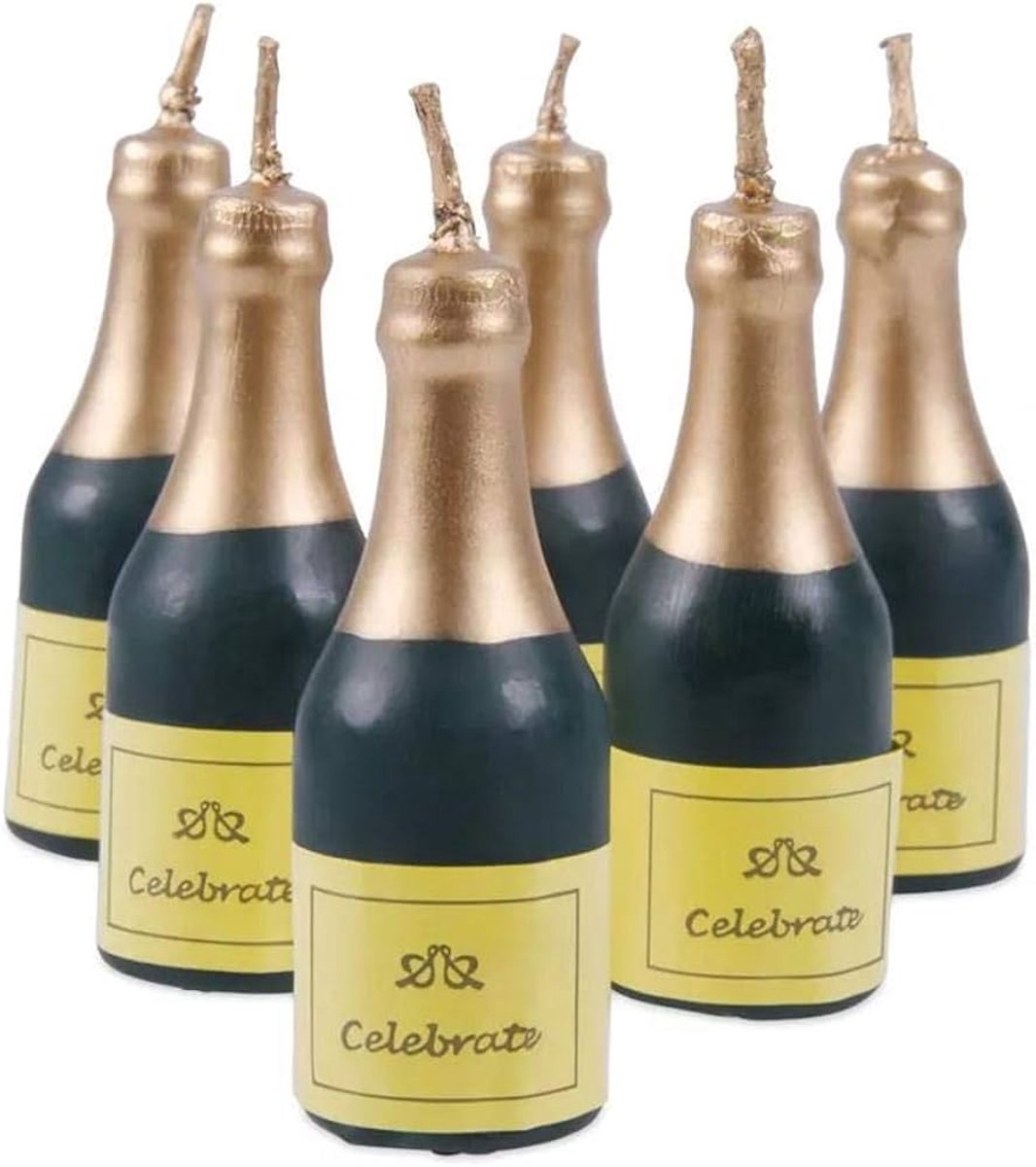 verjaardag Kaarsjes champagnefles 6 stuks 5 cm hoog - happy birthday