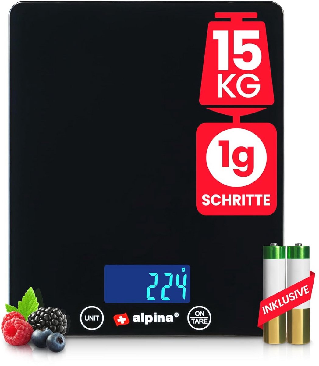 Digitale Keukenweegschaal tot 15 kg - Nauwkeurig in stappen van 1 g - Platte Glazen Weegschaal