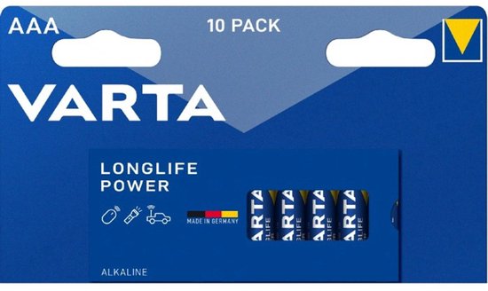 Varta Longlife Power AAA alkaline batterijen, 10 stuks, met "MADE IN GERMANY" aanduiding.
