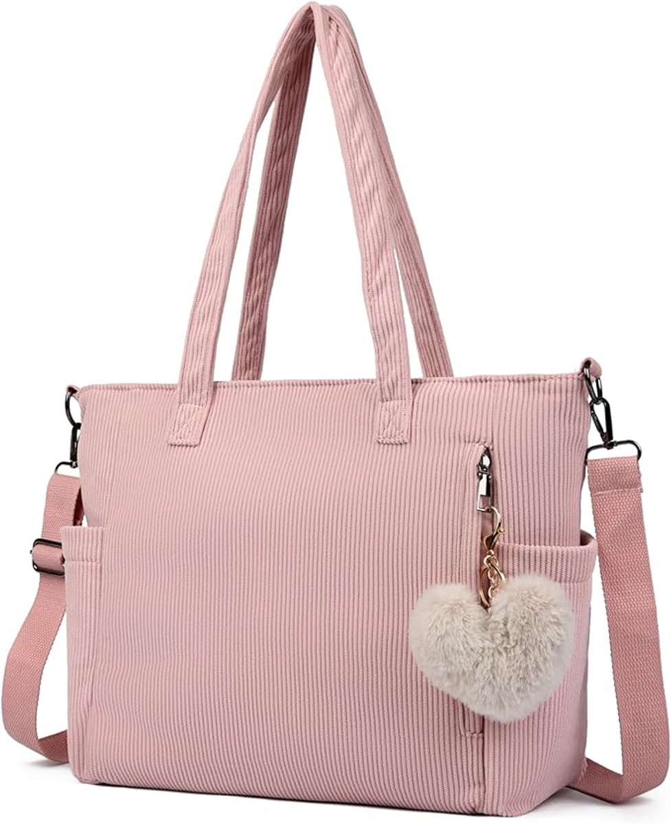 Famanu - Cord Tote Bag tas dames schoudertas grote shopper tas handtas schoudertas voor werk kantoor reizen winkelen school, Kleur: Roze