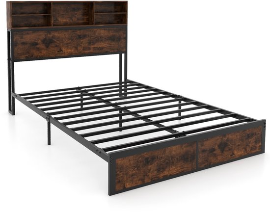FOUBAM Metalen bedframe 120 x 200 cm met laadstation, bed 120 x 200 cm, ergonomisch, robuust metalen bed met houten hoofdeinde met opbergruimte van stof, logeerbed, tweepersoonsbedframe