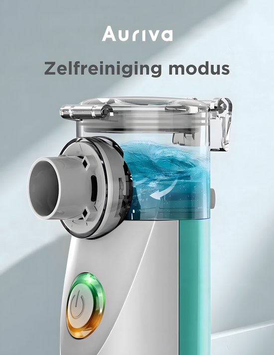 Close-up van de Auriva vernevelaar met de zelfreinigingsmodus, gevuld met blauw water.