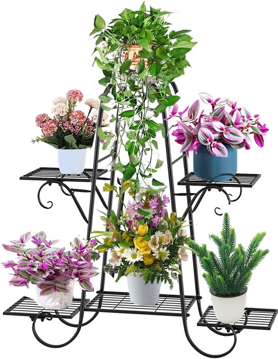COSTWAY Plantenrek Metaal, Bloemenrek Zwart, Bloemenstandaard Met 6 Planken Plantenhouder Voor Binnen En Buiten Plantenstandaard Balkon Tuin Vrijstaande Bloemenwagen 791912678