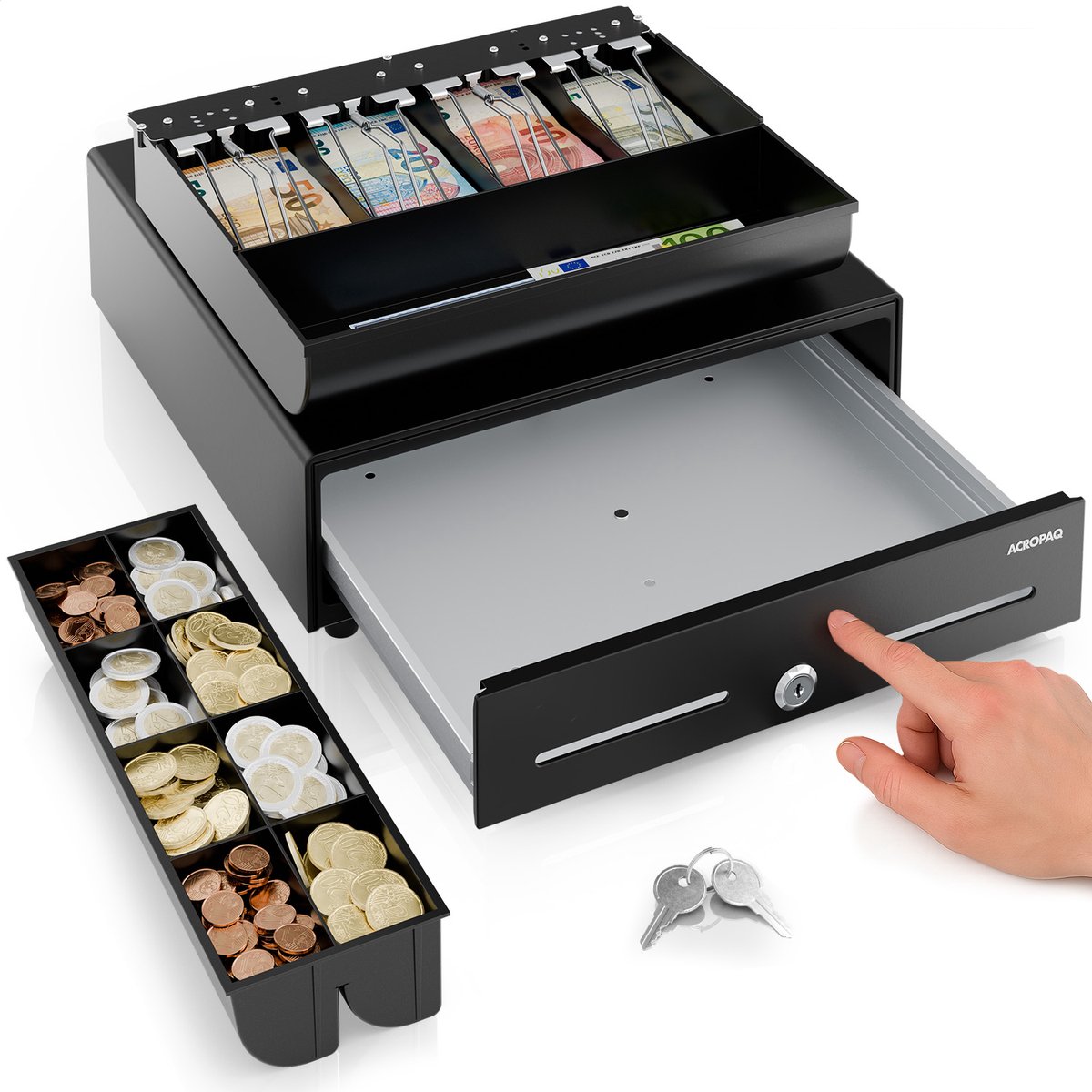 ACROPAQ Kassalade - 34 x 33 x 10 cm - Geldlade met uitneembare inzet, 8 muntvakken & 4 biljettenvakken - Compatibel met RJ11 bonprinters