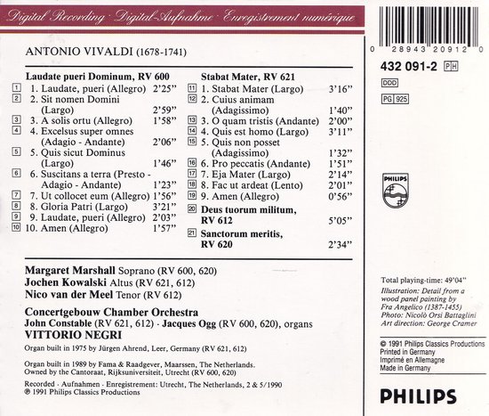 Achterkant CD: Lijst van muziekstukken van Antonio Vivaldi, uitvoerders en orkest.